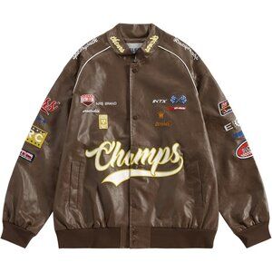 Unisex Brown Aelfric Eden Faux Leather Racing Jacket Oversized Biker Street wear